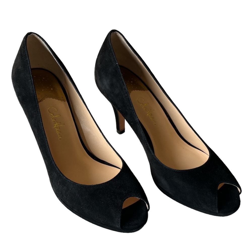 Cole Haan black suede peep toe pumps heel size 7.5 B Nike Air - Picture 2 of 8